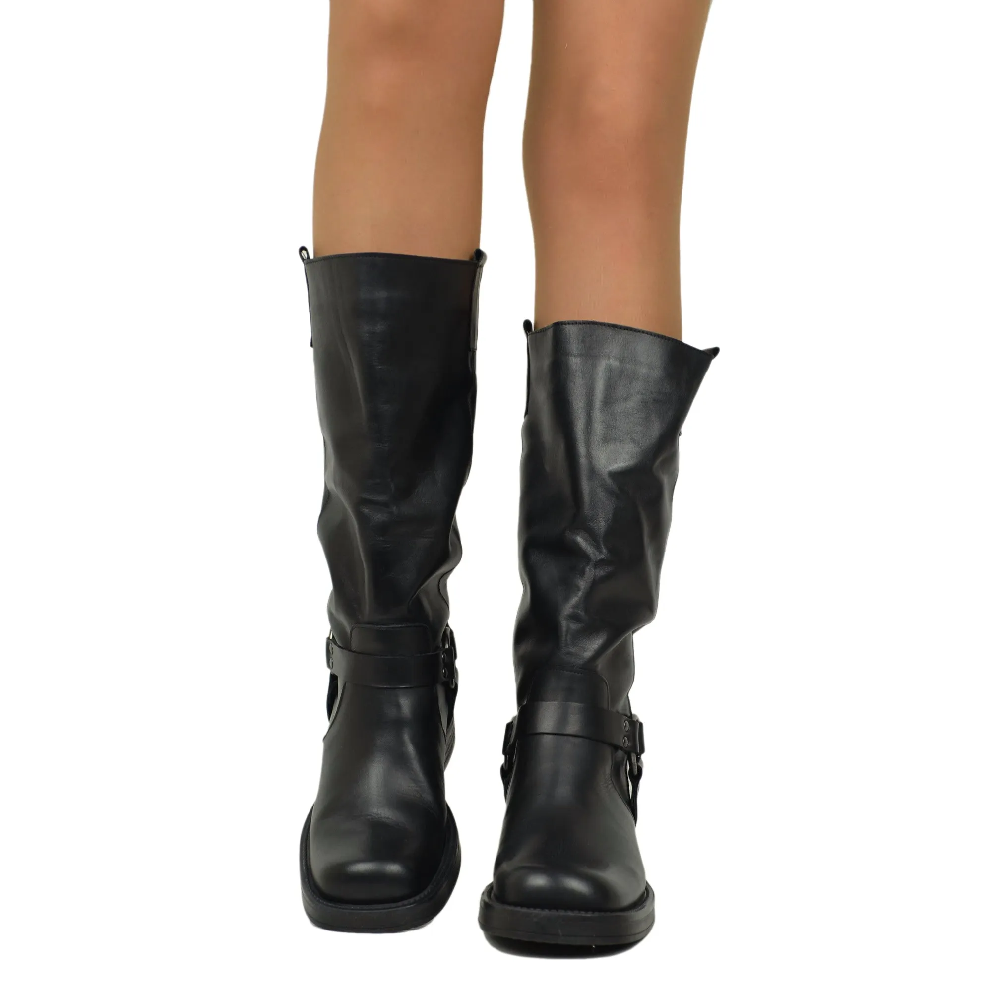 Stivali Donna Biker in Pelle Neri Punta Squadrata con Fibbia