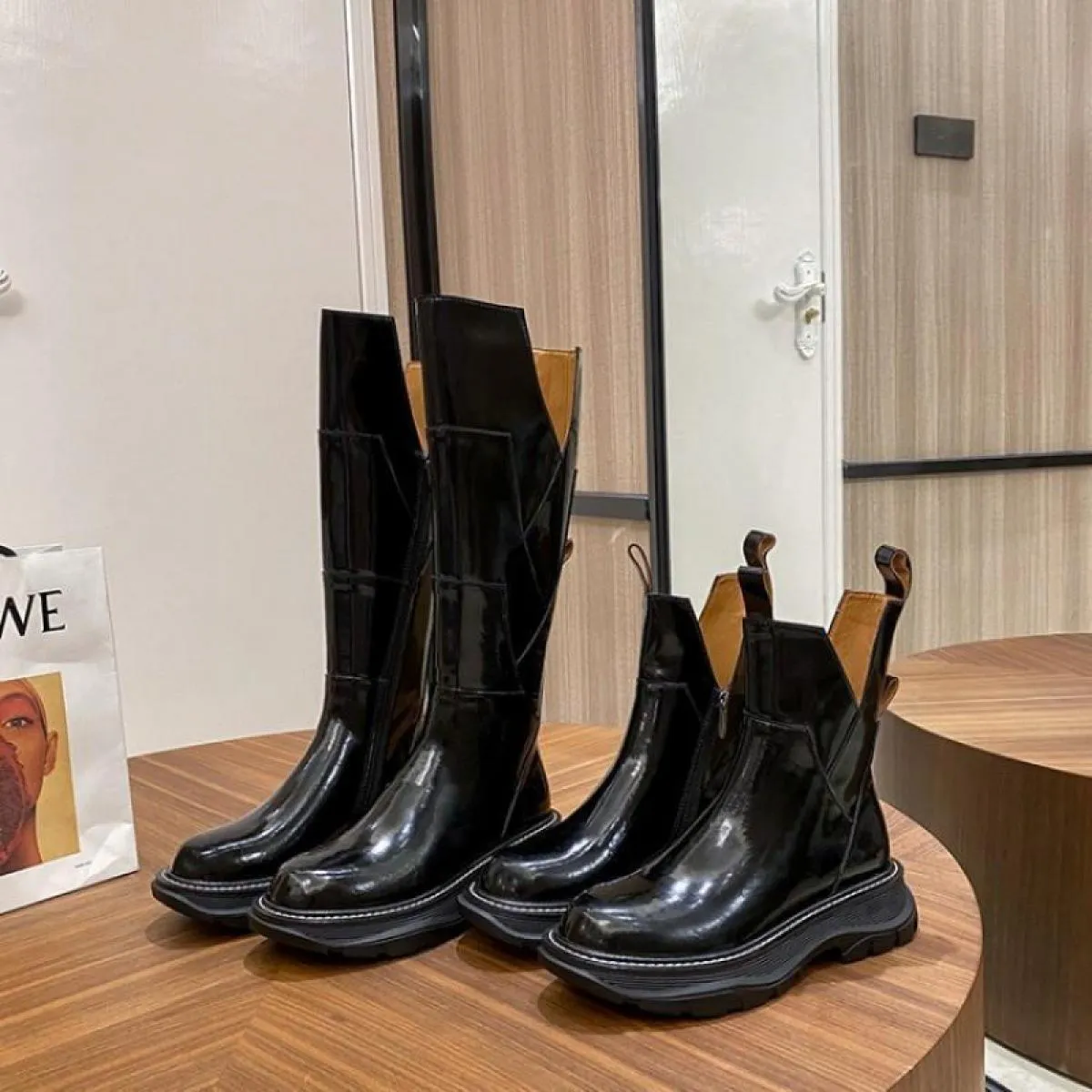 Stivali in vera pelle brillante Stivali lunghi da donna Stivali Martin al ginocchio Stivali western Stivali con plateau Stivali