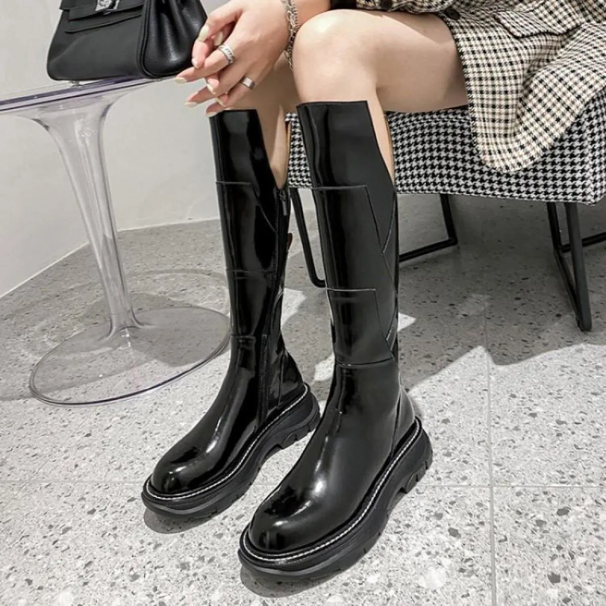 Stivali in vera pelle brillante Stivali lunghi da donna Stivali Martin al ginocchio Stivali western Stivali con plateau Stivali