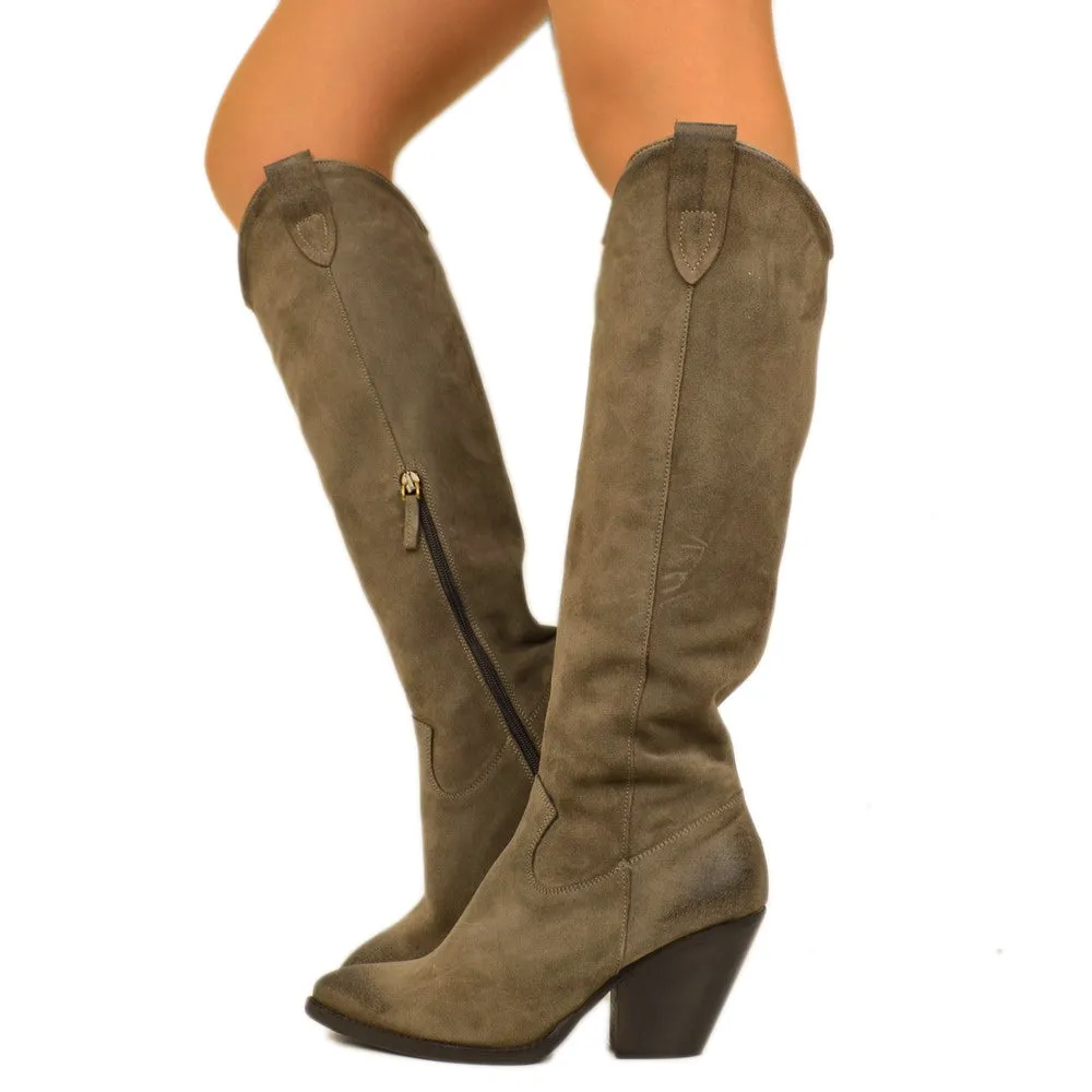 Stivali Texani Donna Taupe in Camoscio Tacco a Cono con Zip