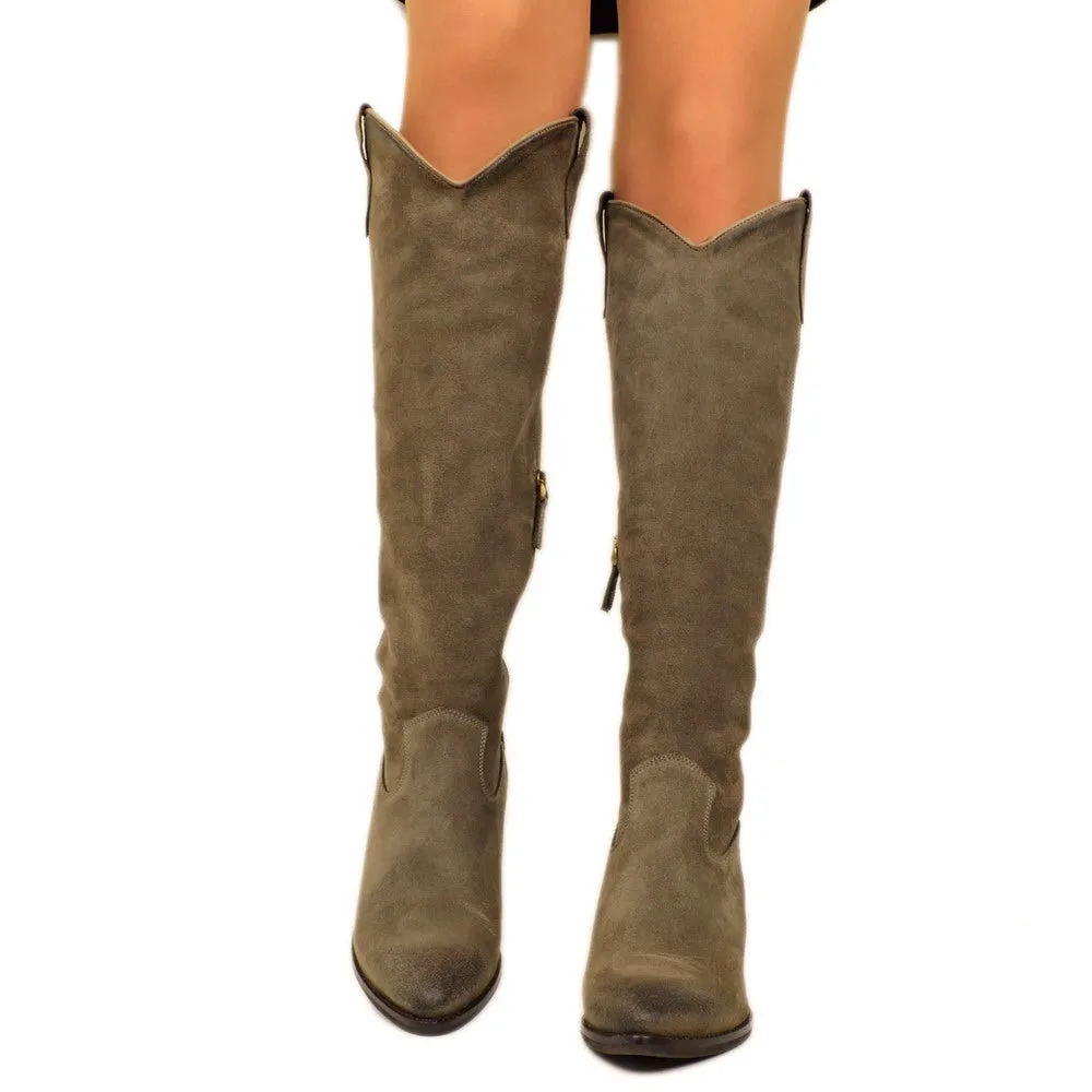 Stivali Texani Donna Taupe in Camoscio Tacco a Cono con Zip