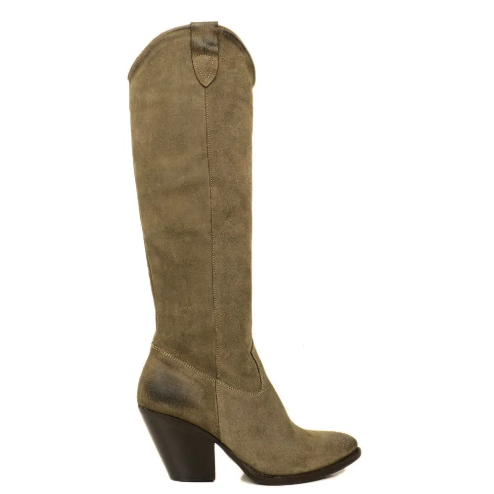 Stivali Texani Donna Taupe in Camoscio Tacco a Cono con Zip