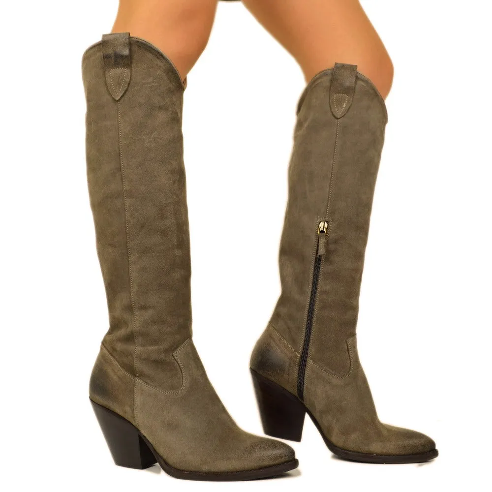 Stivali Texani Donna Taupe in Camoscio Tacco a Cono con Zip