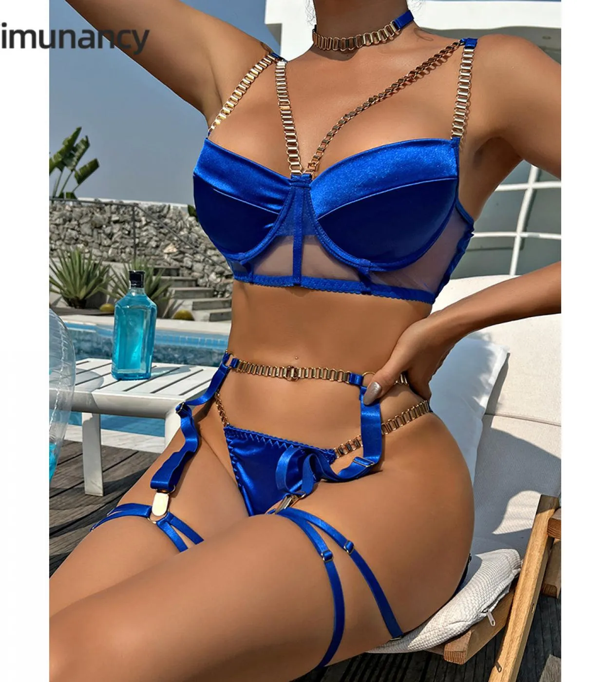Yimunancy Set di biancheria intima con catena in metallo Girocollo da donna 4 colori Kit di giarrettiera Set di biancheria intim