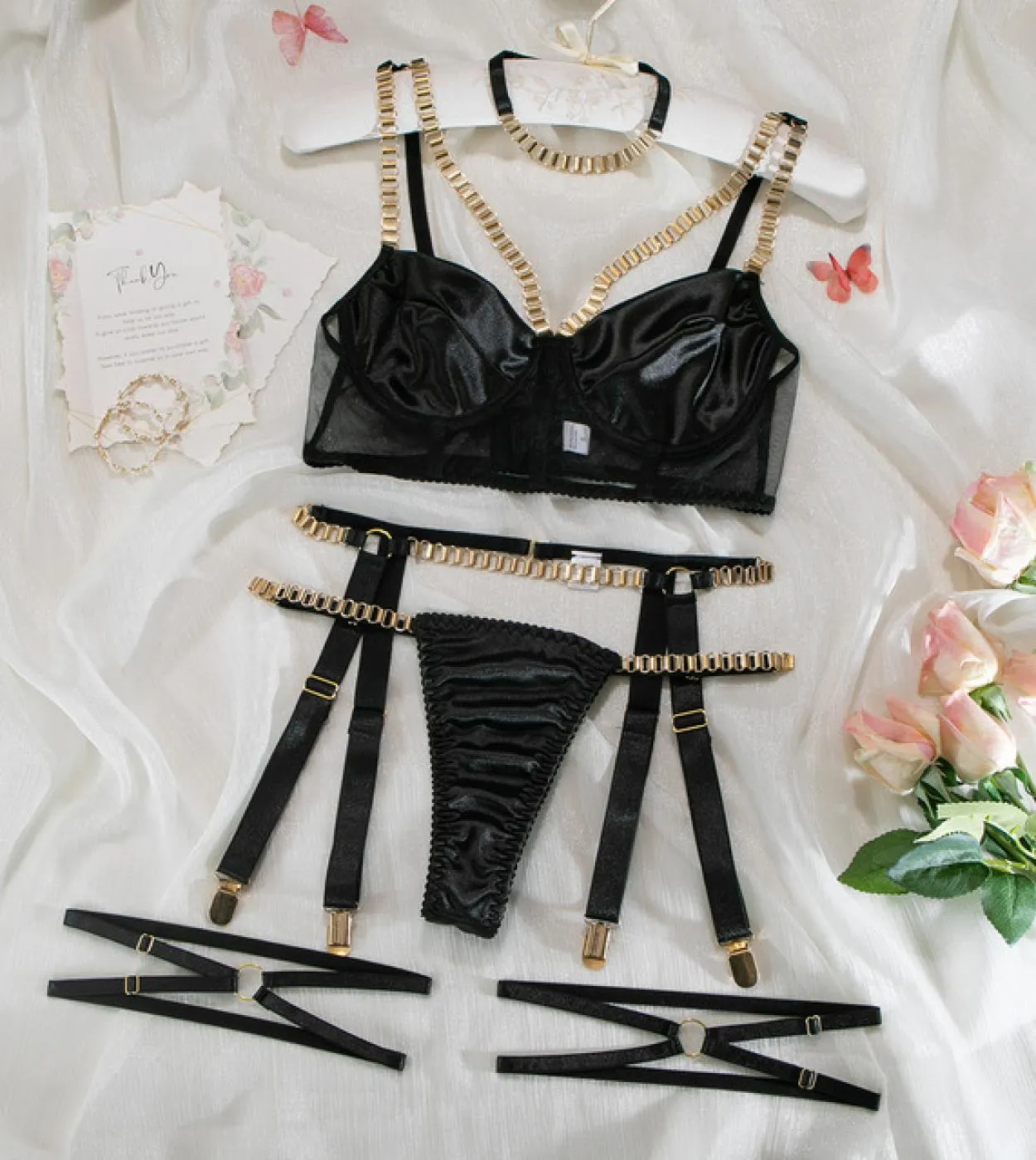 Yimunancy Set di biancheria intima con catena in metallo Girocollo da donna 4 colori Kit di giarrettiera Set di biancheria intim