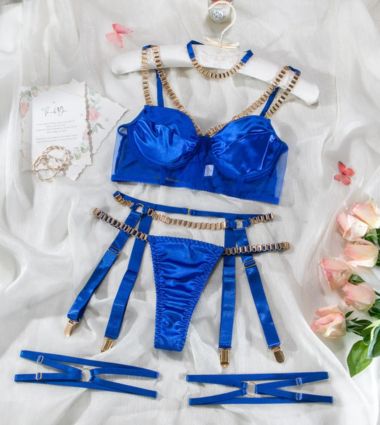 Yimunancy Set di biancheria intima con catena in metallo Girocollo da donna 4 colori Kit di giarrettiera Set di biancheria intim