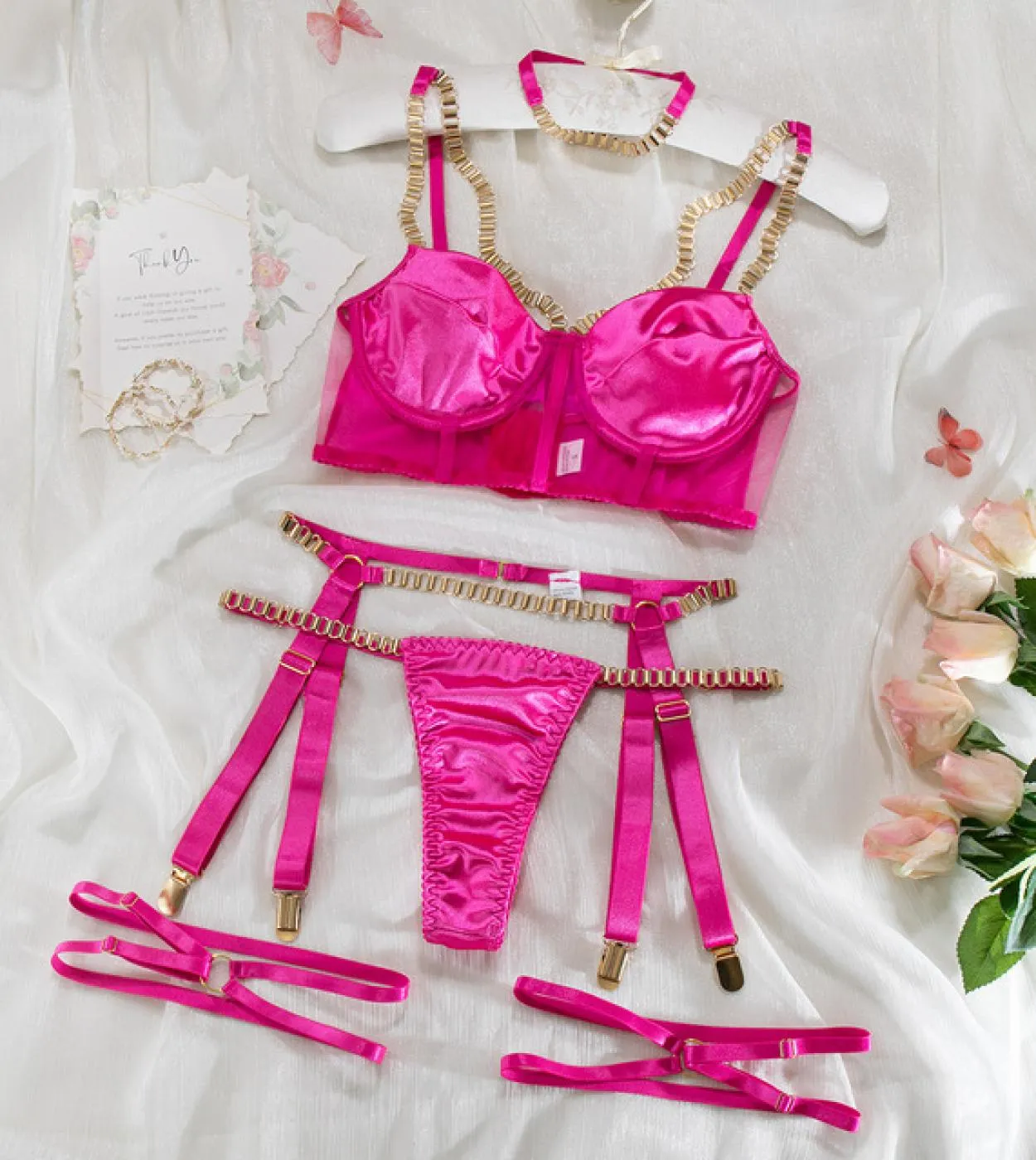 Yimunancy Set di biancheria intima con catena in metallo Girocollo da donna 4 colori Kit di giarrettiera Set di biancheria intim
